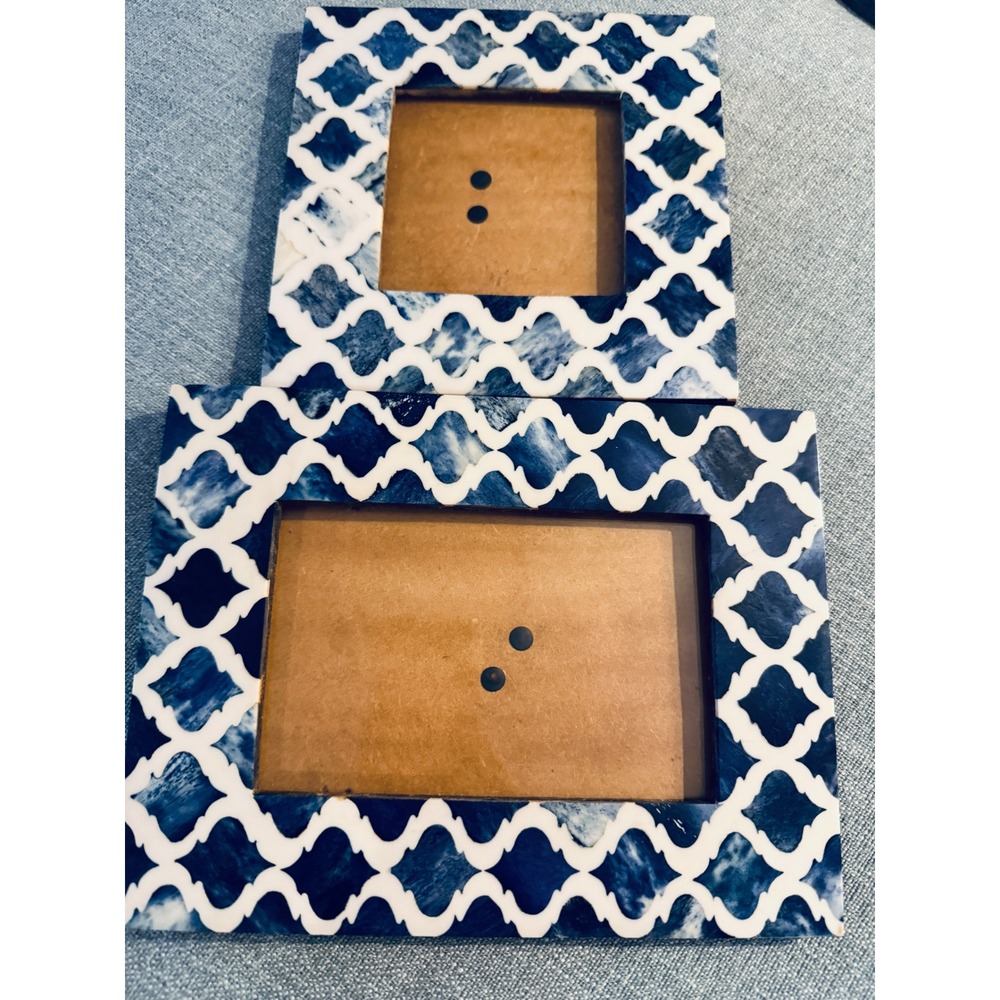 Set of 4 Blue White Bone Inlay Picture Frames Moroccan Trellis Tabletop Decor